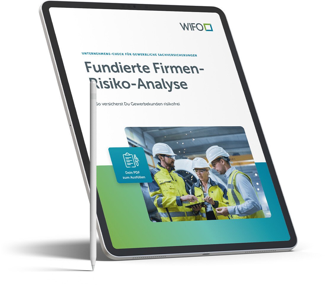 Tablet auf dessen Bildschirm das Titelbild der Firmen-Risiko-Analyse zu sehen ist