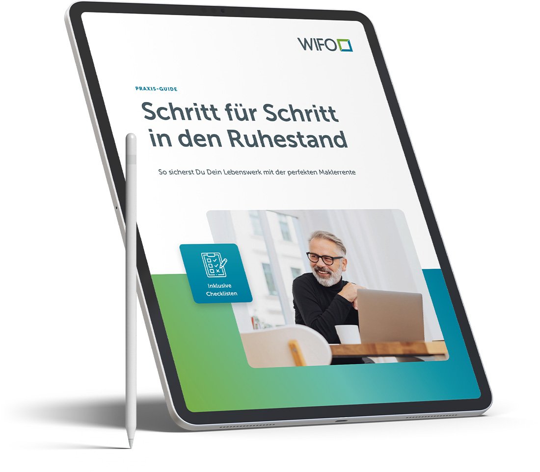 Tablet auf dessen Bildschirm das Titelbild der Roadmap für Maklerrente zu sehen ist